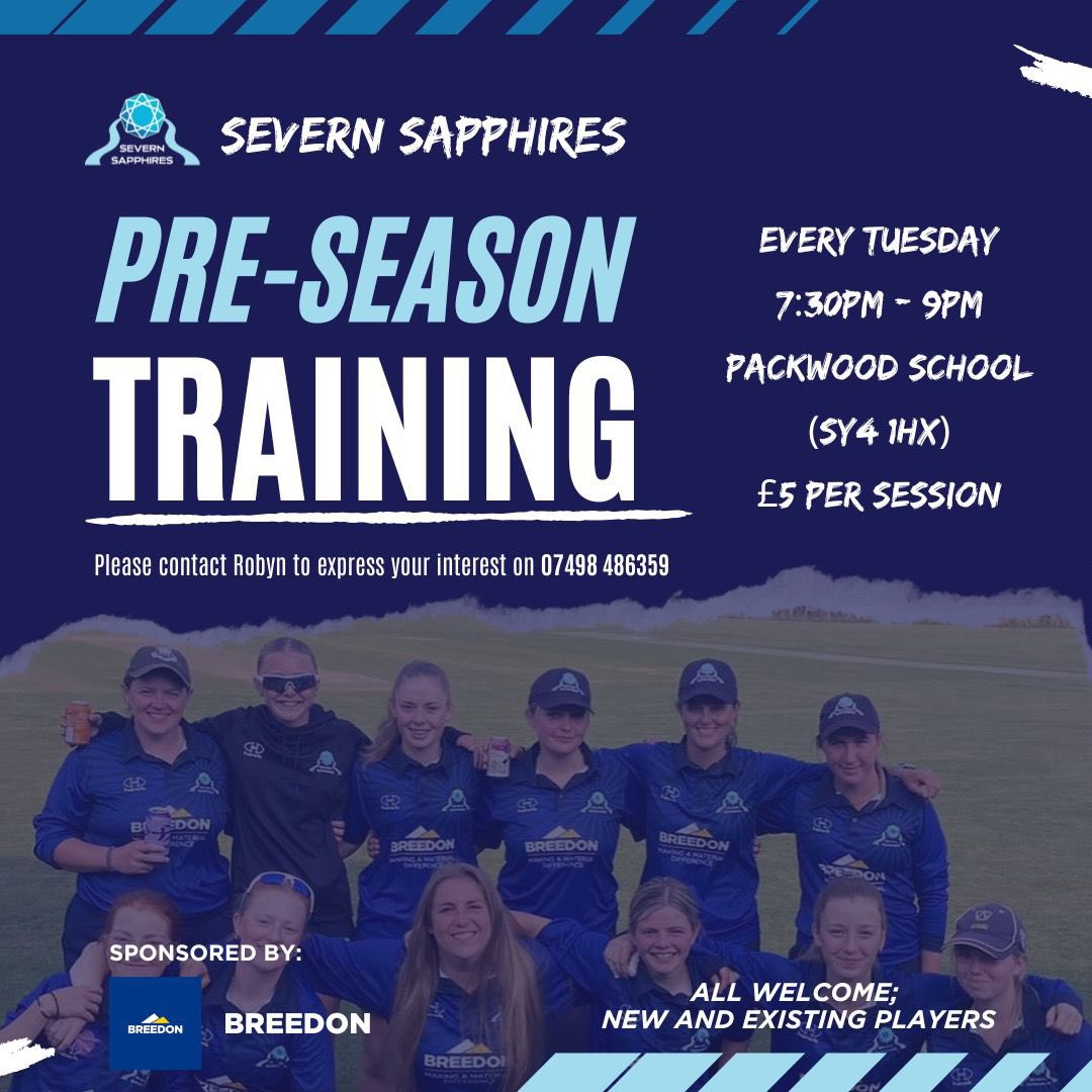 Pre season training starts Tuesday 28th January running weekly, 7.30-9pm at Packwood School. £5 per session, new players and existing players all welcome to join! 

If you are interested in training or signing for Severn Sapphires please contact Robyn on 07498486359 🙌🏼🏏