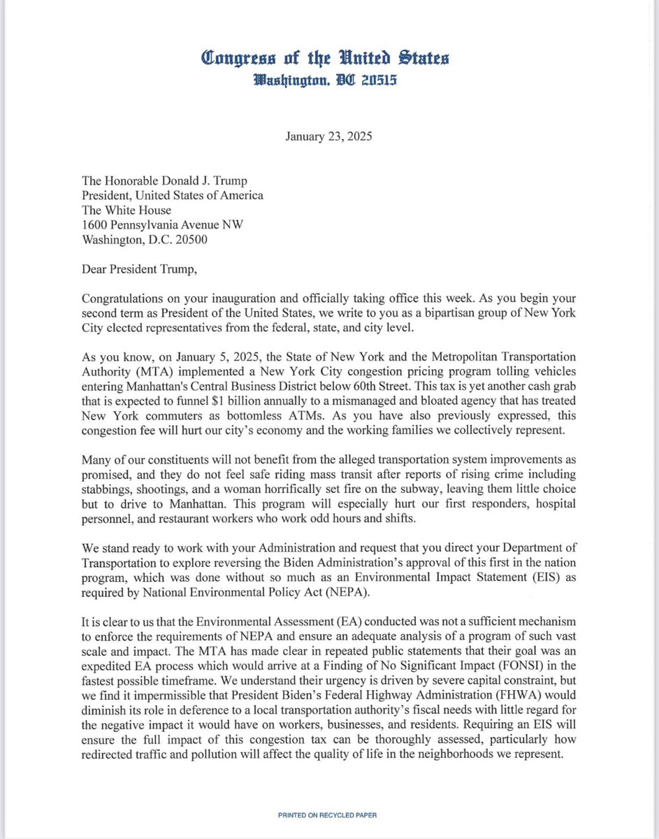 RepNicole's tweet photo. I, along with a bipartisan group of lawmakers representing the outer boroughs of New York City at both the city and state levels, wrote to @POTUS asking him to explore legal options to reverse New York City's congestion pricing scheme. We must end this MTA cash grab! READ ⬇️ https://t.co/zLQTrjzNTX