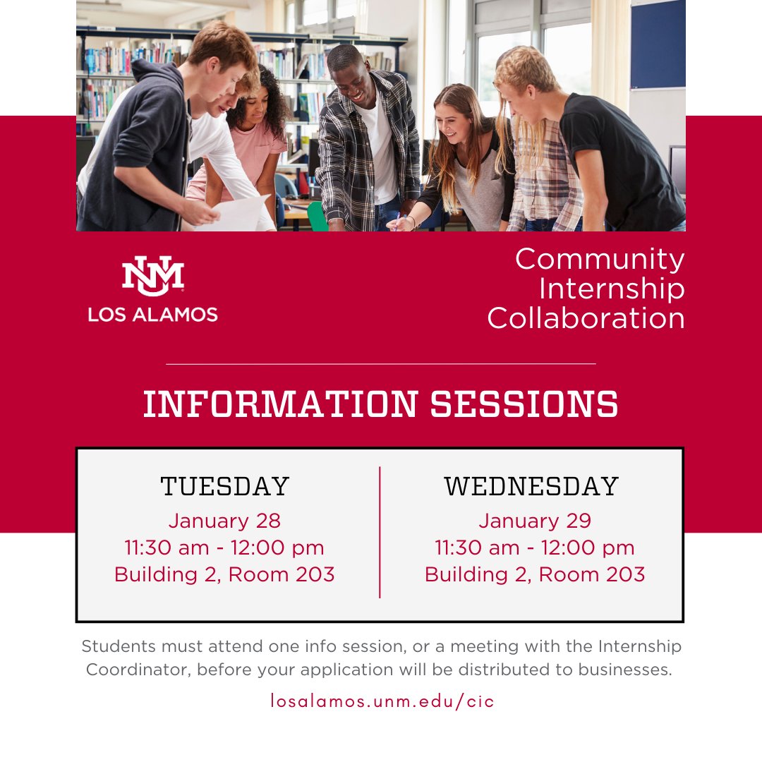 Have questions about CIC? Get answers next week at one of our two info sessions!
Stop by Room 203 in Building 2 (on your left as you head in to Secret City Kitchen).
Tuesday, January 28 or Wednesday, January 29 — from 11:30 to noon both days.
losalamos.unm.edu/cic/cic-studen…