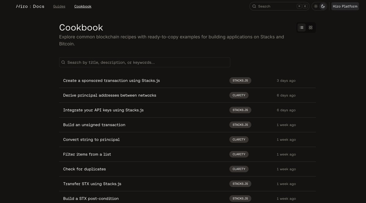 New <a href="/hirosystems/">Hiro</a> cookbook is 🔥

Excited to see this grow and have a library of composable code snippets for Stacks devs