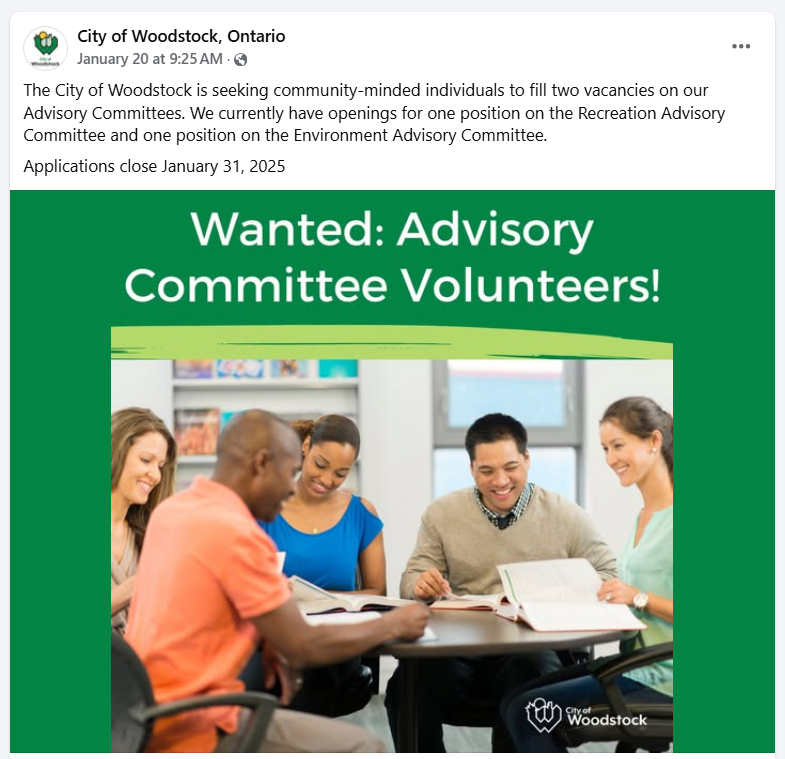 Two volunteer advisory committees of <a href="/cityofwoodstock/">City of Woodstock</a> have vacancies -- recreation and environment. #ApplySoon