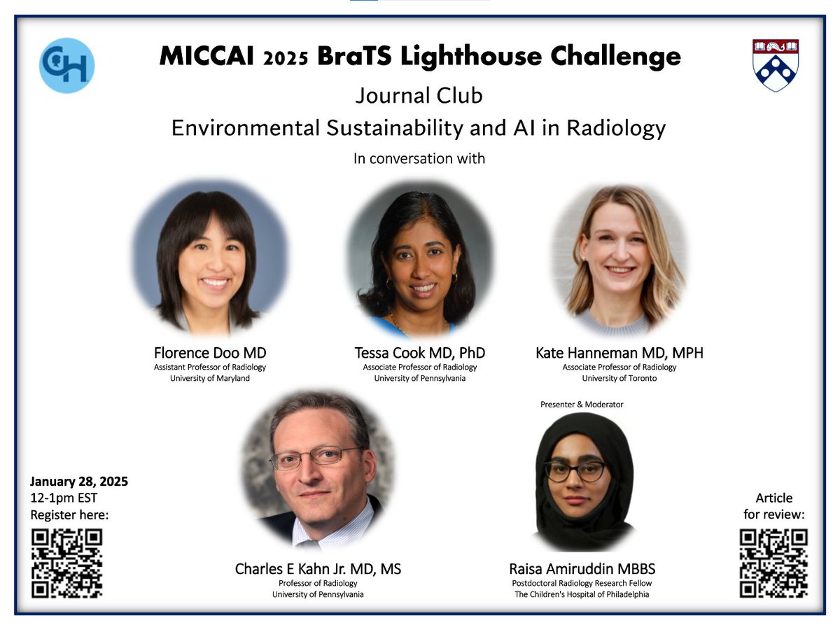 BraTS 2025 Lighthouse Challenge (@brats_mets_2025) on Twitter photo Our next big event is here!
<a href="/flo_doo/">Flo Doo, MD</a>, <a href="/asset25/">Tessa S. Cook MD PhD CIIP FSIIM FCPP FAAR</a>, @katehanneman, and <a href="/cekahn/">Charles Kahn, MD</a> are joining us to discuss one of the most popular topics in radiology – Environmental Sustainability and AI!
Register @ forms.gle/TLHd15oPCFqDtd…
Get an in-depth perspective on one of the most cited Our next big event is here!
<a href="/flo_doo/">Flo Doo, MD</a>, <a href="/asset25/">Tessa S. Cook MD PhD CIIP FSIIM FCPP FAAR</a>, @katehanneman, and <a href="/cekahn/">Charles Kahn, MD</a> are joining us to discuss one of the most popular topics in radiology – Environmental Sustainability and AI!
Register @ forms.gle/TLHd15oPCFqDtd…
Get an in-depth perspective on one of the most cited