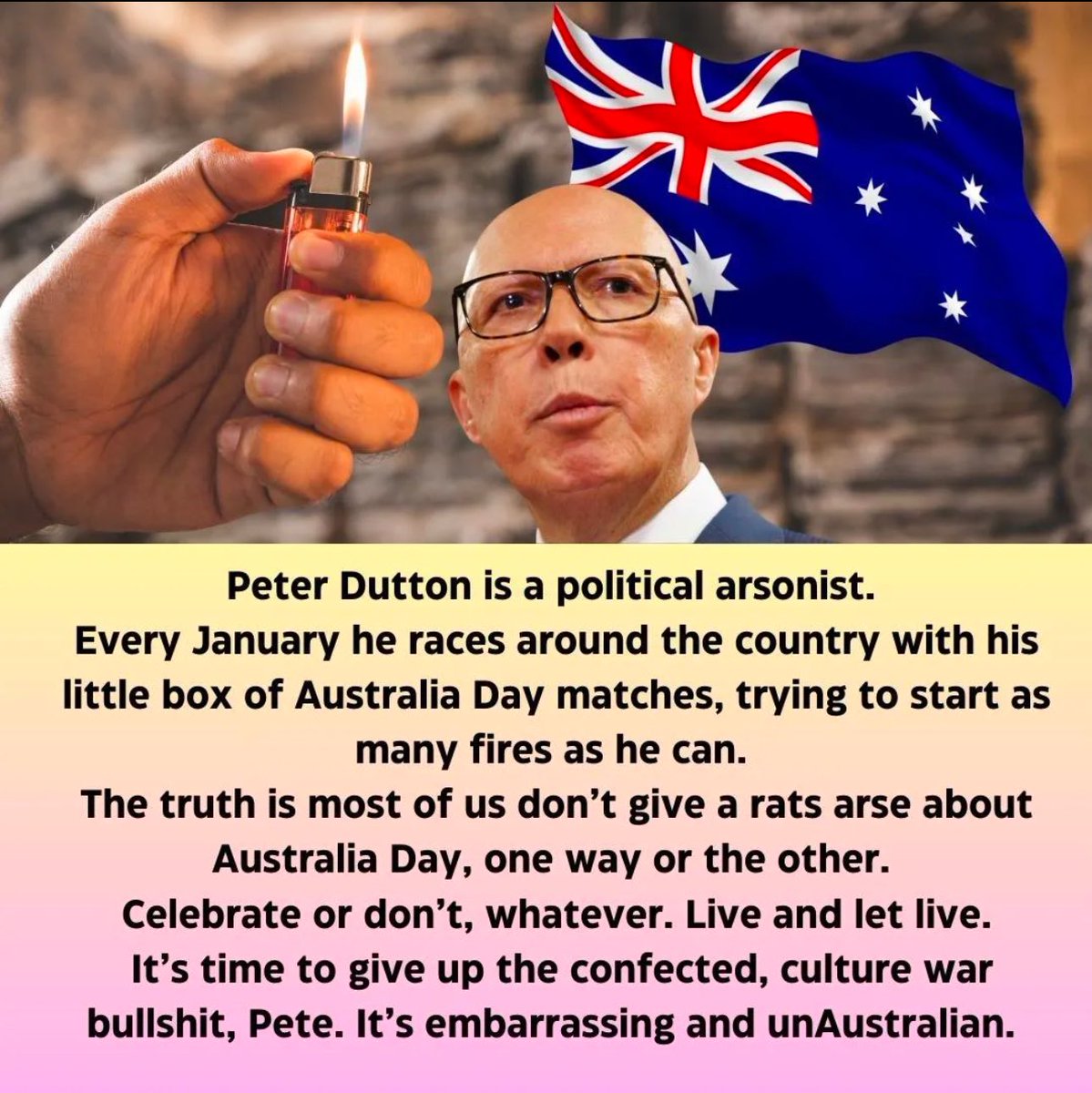 Live on ABC News, more Australia Day made up distractions from a man who can oppose anything …. Let’s keep him in Opposition.