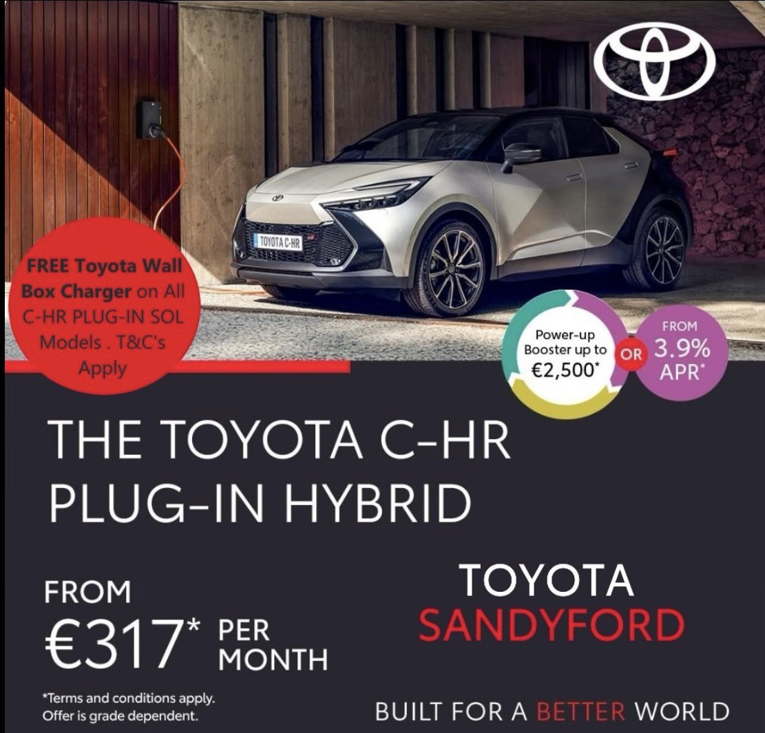 ✅ FREE TOYOTA WALL BOX CHARGER
✅ Sol Model and delivery this Month 
✅ 3 Free Services  
✅ Special PCP Offers 
✅ Trade In Boosters 

The C-HR Plug-in Hybrid technology is the ultimate electrified drive and Now Exclusive to Toyota Sandyford , Order A New 2️⃣5️⃣1️⃣ Toyota C-HR