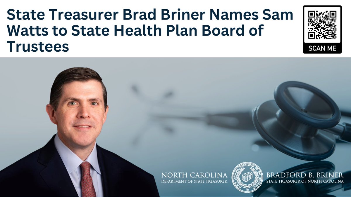 NCTreasurer's tweet image. (Raleigh, N.C.) — Sam Watts has been named to the North Carolina State Health Plan Board of Trustees, State Treasurer Brad Briner announced today. 

MORE: nctreasurer.com/news/press-rel…

#ncpol #statehealthplan #shpnc