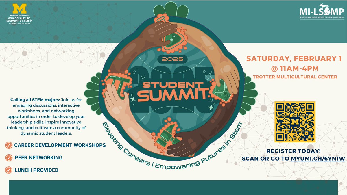 Get inspired about your future at the MI-LSAMP Student Summit: Elevating Careers, Empowering Futures in STEM 🔬🧪🥼Attend career development workshops, work on leadership development, connect with peers and enjoy a free lunch — Register today with the link or QR code above!