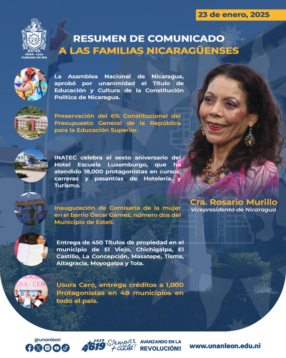 Resumen del mensaje de Cra. Vice Presidenta Rosario Murillo a las familias Nicaragüenses hoy 23 de Enero.
#4619SiempreMásAllá