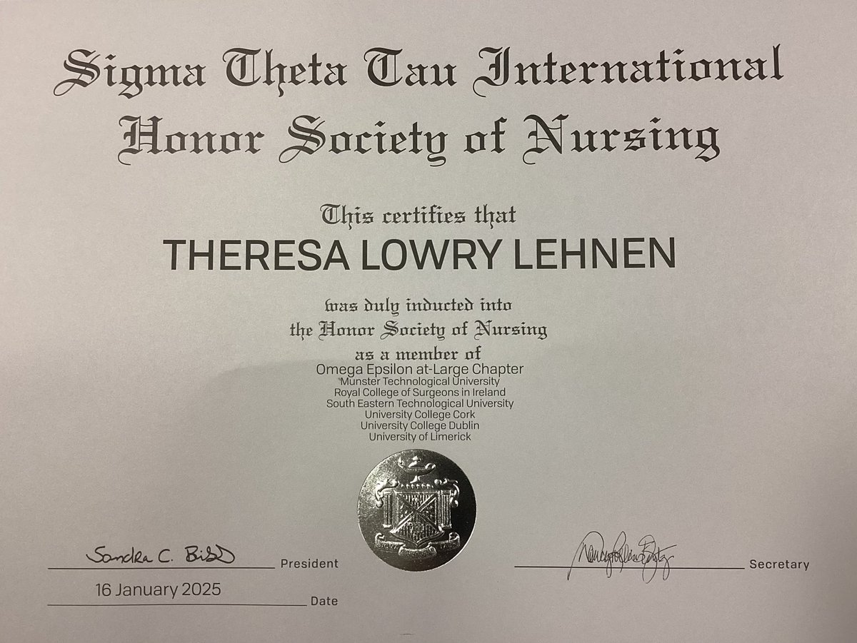 Theresa Lowry-Lehnen (PhD) (@lehnent) on Twitter photo Honored to be inducted into Sigma Theta Tau International Honor Society of Nursing via <a href="/RCSI_FacNurMid/">RCSI Faculty of Nursing & Midwifery</a> #FFNMRCSI as a member of Omega Epsilon at Large Chapter. Proud to join a global network of nurse leaders advancing knowledge, education, and research. #Sigma #NursingLeadership Honored to be inducted into Sigma Theta Tau International Honor Society of Nursing via <a href="/RCSI_FacNurMid/">RCSI Faculty of Nursing & Midwifery</a> #FFNMRCSI as a member of Omega Epsilon at Large Chapter. Proud to join a global network of nurse leaders advancing knowledge, education, and research. #Sigma #NursingLeadership