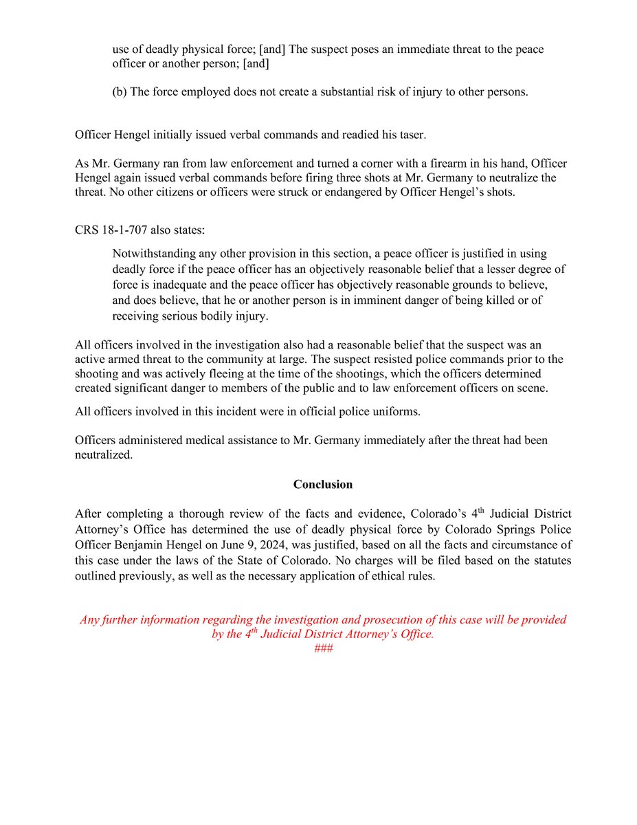 Colorado’s 4th Judicial District Attorney’s Office has completed its review of the officer-involved shooting that occurred on June 9, 2024, in Colorado Springs, Colorado.