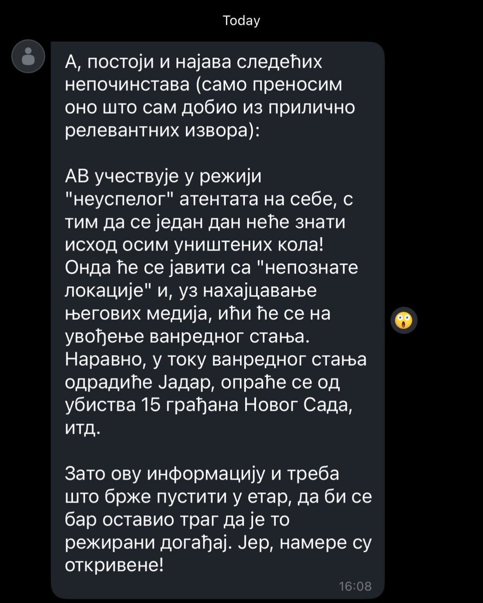 DartGejder's tweet photo. Eno vajber grupe pršte. 
Kažu da je Vučić planirao da iscenira atentat na sebe i uvede vanredno stanje 😳
Jel vama to zvuči kao mogući scenario??? https://t.co/xJaEY0d5wI