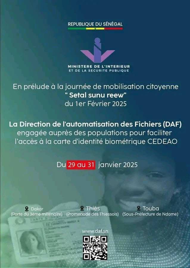 ‼️En prélude du set Sunu rew du mois de février  la DAF va faire des campagnes d’enrôlement.

Lieu 📍: Dakar Porte du 3ieme millénaire 
Thies : Promenade des thiessois 
Touba sous préfecture Ndane 

Date 📅 : Du 29 au 31 Janvier 2025

Infos : daf.sn