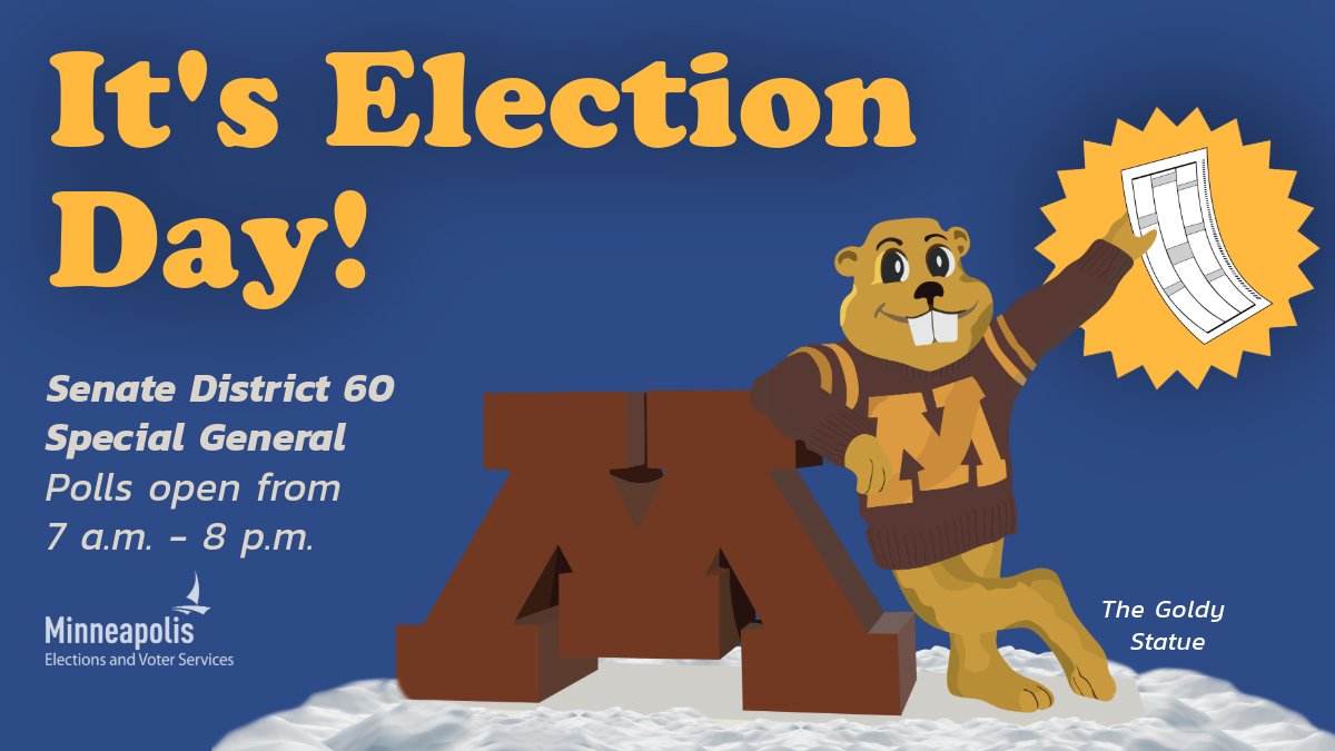 VoteMpls's tweet image. It’s General Election Day for Senate District 60! Polling places for the precincts in this senate district are open from 7 a.m. to 8 p.m. Have a mail ballot? Drop it off at our office 980 E Hennepin Ave OR the Hennepin County Gov't Center at 300 South 6 St. by 8 p.m. tonight.