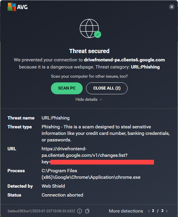 AVG wrongly (one hopes) lists Google Drive as Phishing.