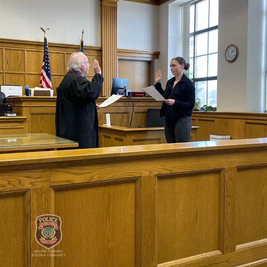 Today, Officer Brandi Riggan was sworn in as a police officer with the Iowa State University Police Department. Officer Riggan has law enforcement and military experience. Please welcome Officer Riggan to ISUPD!!