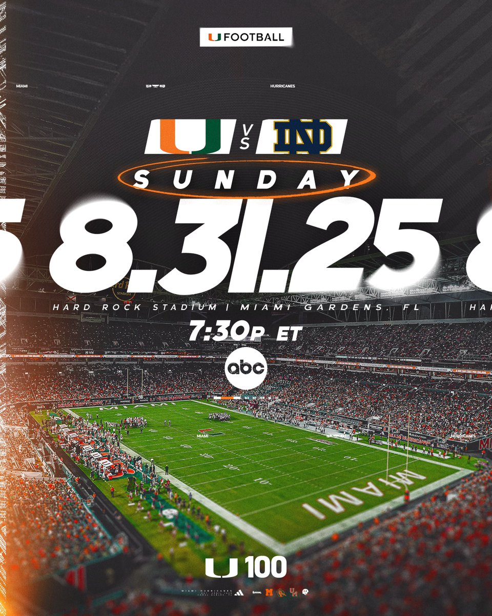A rivalry renewed

Our Week 1 matchup against Notre Dame is scheduled for Sunday, August 31st at 7:30 p.m. on ABC 🙌

🎟️: canes.news/2025TicketOpti…