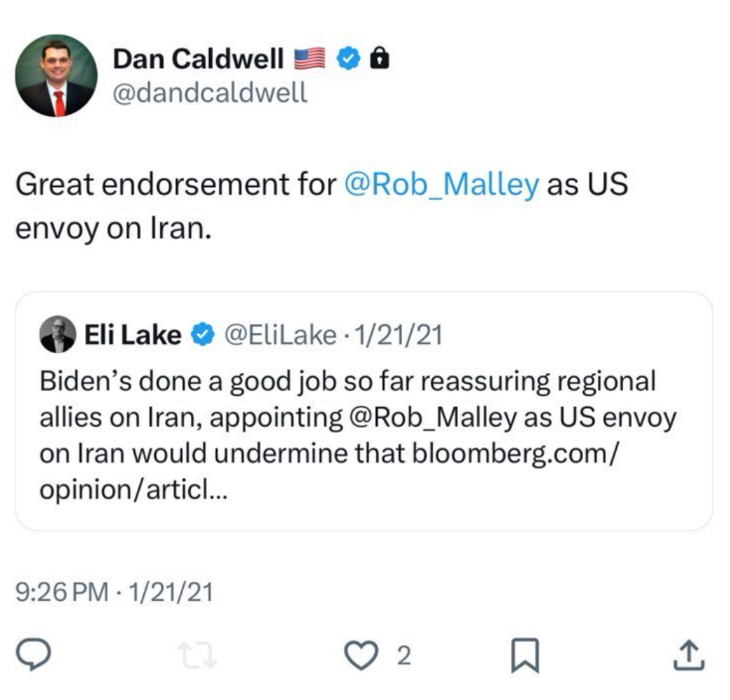 Sultanknish's tweet image. Why would Dan Caldwell, who's staffing the Pentagon now, praise Biden's choice of Rob Malley as envoy to Iran?
Malley headed Soros' International Crisis Group.
Charles Koch was a donor to ICG. Koch and Soros co-founded the Quincy Institute. Caldwell worked for Koch.