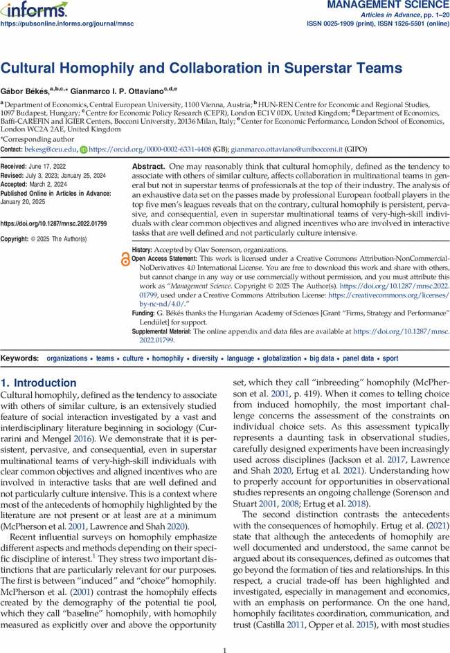 Gabor Bekes (@gaborbekes) on Twitter photo Globalization. Multinational Teams. Cultural Homophily leads to more Collaboration. Even at high end, non verbal jobs. Persistenty.
10 million Passes in Football. With model of football. #OA #econtwitter
pubsonline.informs.org/doi/full/10.12…
<a href="/INFORMS/">INFORMS</a> <a href="/HunRenKrtkKti/">HUN-REN KRTK Institute of Economics</a> <a href="/ceu/">Central European University</a> <a href="/Unibocconi/">Università Bocconi</a> Globalization. Multinational Teams. Cultural Homophily leads to more Collaboration. Even at high end, non verbal jobs. Persistenty.
10 million Passes in Football. With model of football. #OA #econtwitter
pubsonline.informs.org/doi/full/10.12…
<a href="/INFORMS/">INFORMS</a> <a href="/HunRenKrtkKti/">HUN-REN KRTK Institute of Economics</a> <a href="/ceu/">Central European University</a> <a href="/Unibocconi/">Università Bocconi</a>