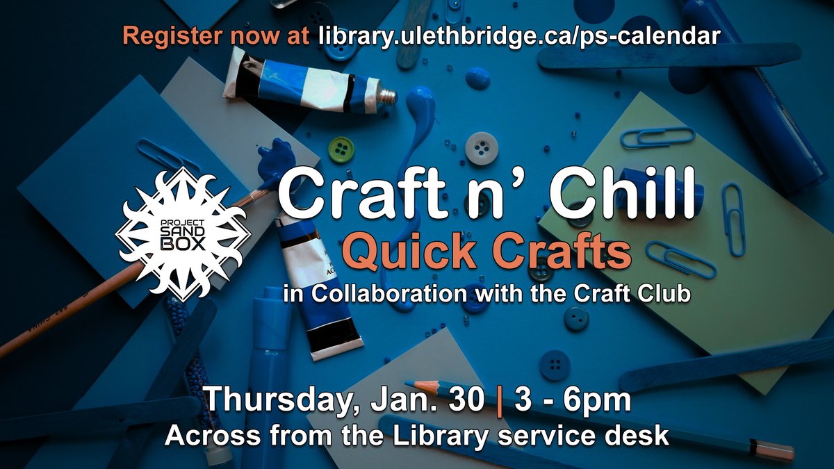 ULethbridge Library (@ulethlibrary) on Twitter photo โจJoin us for Project Sandbox's & #ULethbridge Craft Clubโs ๐พ๐ง๐๐๐ฉ ๐ฃ' ๐พ๐๐๐ก๐ก ๐๐ช๐๐๐ ๐พ๐ง๐๐๐ฉ๐จ event from 3โ6p on January 30!
Create cute, quick crafts in under 30 minutes or hang out! ๐
๐ Details & registration @ myexperience.uleth.ca/openEvents.htmโฆ
See you there! ๐ โจJoin us for Project Sandbox's & #ULethbridge Craft Clubโs ๐พ๐ง๐๐๐ฉ ๐ฃ' ๐พ๐๐๐ก๐ก ๐๐ช๐๐๐ ๐พ๐ง๐๐๐ฉ๐จ event from 3โ6p on January 30!
Create cute, quick crafts in under 30 minutes or hang out! ๐
๐ Details & registration @ myexperience.uleth.ca/openEvents.htmโฆ
See you there! ๐