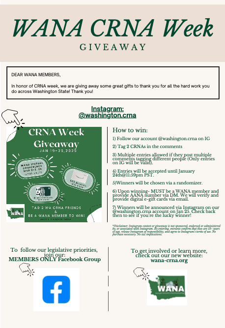 🎉 Celebrate CRNA Week with WANA’s Giveaway! 🎁

Follow @washington.crna on IG &amp; tag 2 CRNAs in the comments to enter (multiple entries allowed)!

🗓️ Enter by Jan 24 @ 11:59 PM PST. Winners announced Jan 25! Must be a WANA member to win.

#CRNAWeek #WANAGiveaway #NurseAnesthesia