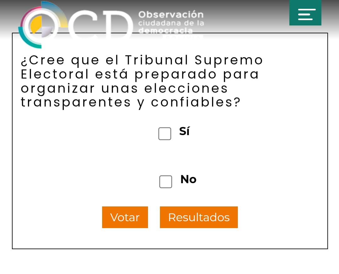 𝐄𝐍𝐂𝐔𝐄𝐒𝐓𝐀: ¿Cree que el Tribunal Supremo Electoral está preparado para unas elecciones transparentes y confiables? 🤔

💬 Déjenos su opinión aquí: ocdbolivia.org/sondeo-enero-2… 

#Elecciones2025 #Transparencia #Democracia #Bolivia #tuvotocuenta