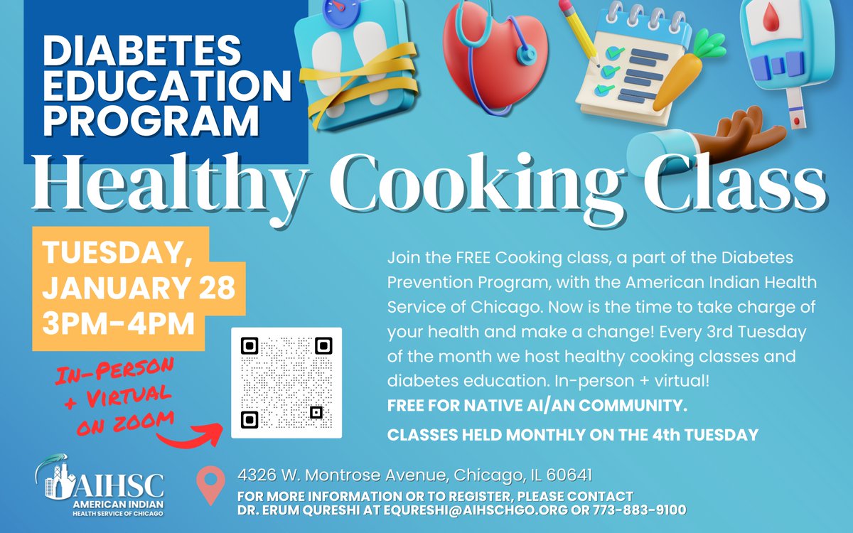 AIHSChicago's tweet photo. 🌟 Take Charge of Your Health! 🌟

Join us for a FREE Cooking Class as part of the Diabetes Prevention Program with the American Indian Health Service of Chicago. Now is the time to make a change and invest in your well-being! 💪🍎

The 4th Thursday of every month, we’ll cover... https://t.co/TZXDSVZ9Hc
