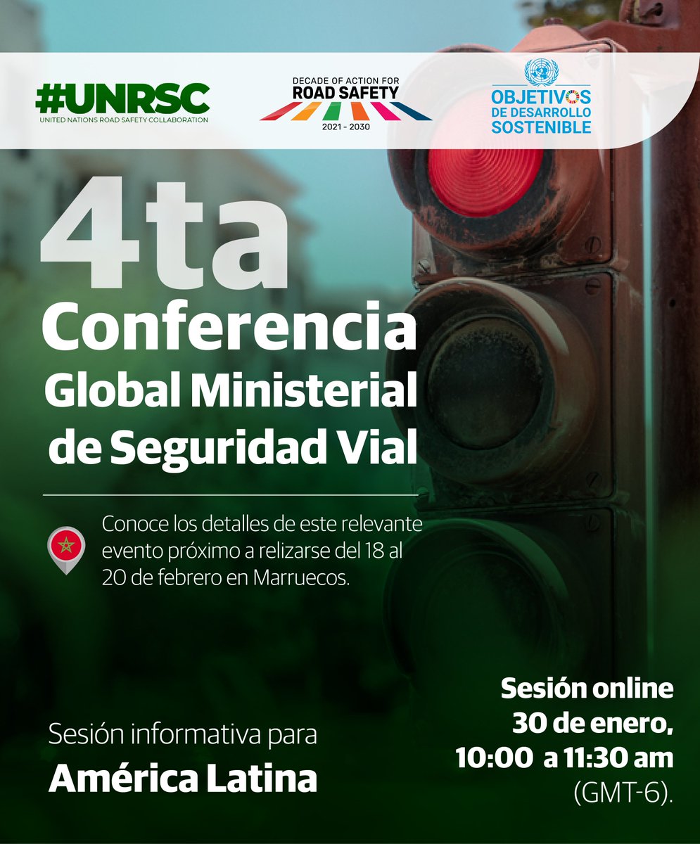 ¿Participarás o te interesa saber sobre la 4ª Conferencia Ministerial Mundial sobre #SeguridadVial?

Participa el próximo 30 de enero a las 10:00 am (hora de México) en la reunión para América Latina, en idioma español.

Regístrese en⬇️
us06web.zoom.us/webinar/regist…