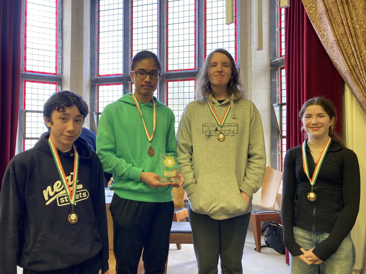 Well done to the team of four students: Sean Danker (TY), Lughaidh O Dónaill (TY), Isabella Howley (3rd year) and Jim Lennon (3rd year) took 3rd place in the Junior Problem Solving Quiz today. 

#ProblemSolving