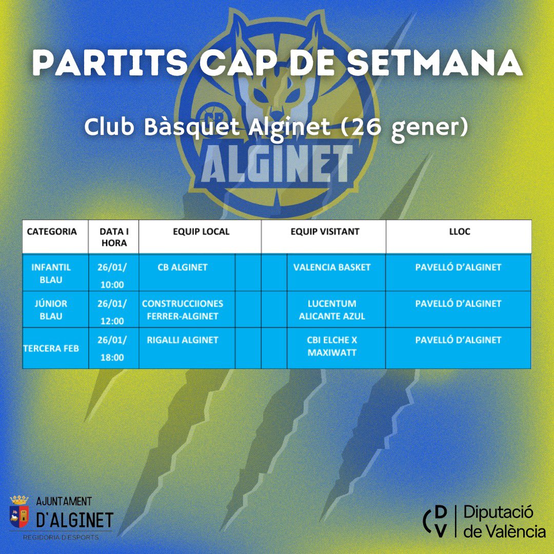 📣  Horari de partits setmanals🗓️‼️

Tornen els partits al nostre pavelló🤩🏡

Ja podeu veure els enfrontaments d’aquest cap de setmana dels nostres jugadors i jugadores🔵🟡

No dubteu a oferir els millors ànims aquesta jornada🏀🔥