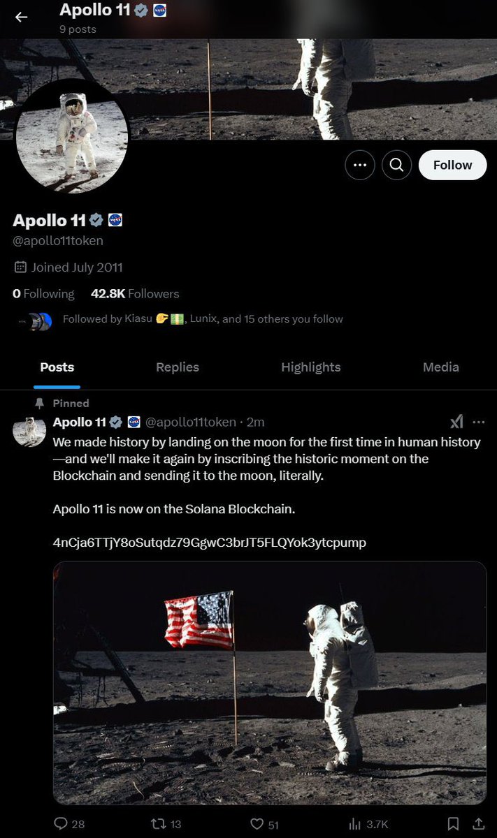 🚨Newly launched $MOON SCAM🚨

The account @apollo11token just launched a token which is has a high chance of being a SCAM.

Posing as an official connection to <a href="/NASA/">NASA</a>, this is likely a hacked account. 

The post announcing the token launch was deleted.

Do not ape your life