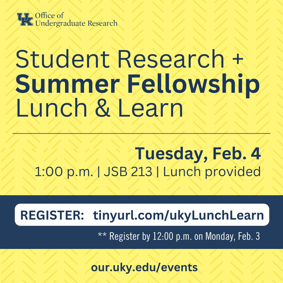 Student Lunch &amp; Learn

Learn about research opportunities for the academic year + summer: assistantships, fellowships, travel funds + more. Lunch is provided. Open to all UK undergraduates

Tuesday, Feb. 4 @ 1PM | 213 Jacobs Science Building

Register Now: tinyurl.com/ukyLunchLearn