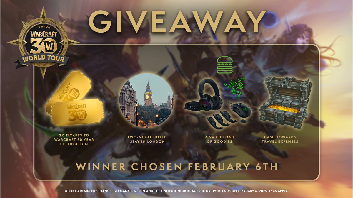 Wowhead's tweet photo. Blizzard has announced a new giveaway open to residents of France, Germany, Sweden, and the United Kingdom, offering two tickets and accommodations for the Warcraft 30th Anniversary Event in London on February 22nd! #Warcraft

https://t.co/jIKwBHjQNB https://t.co/VyVz7NTwiR