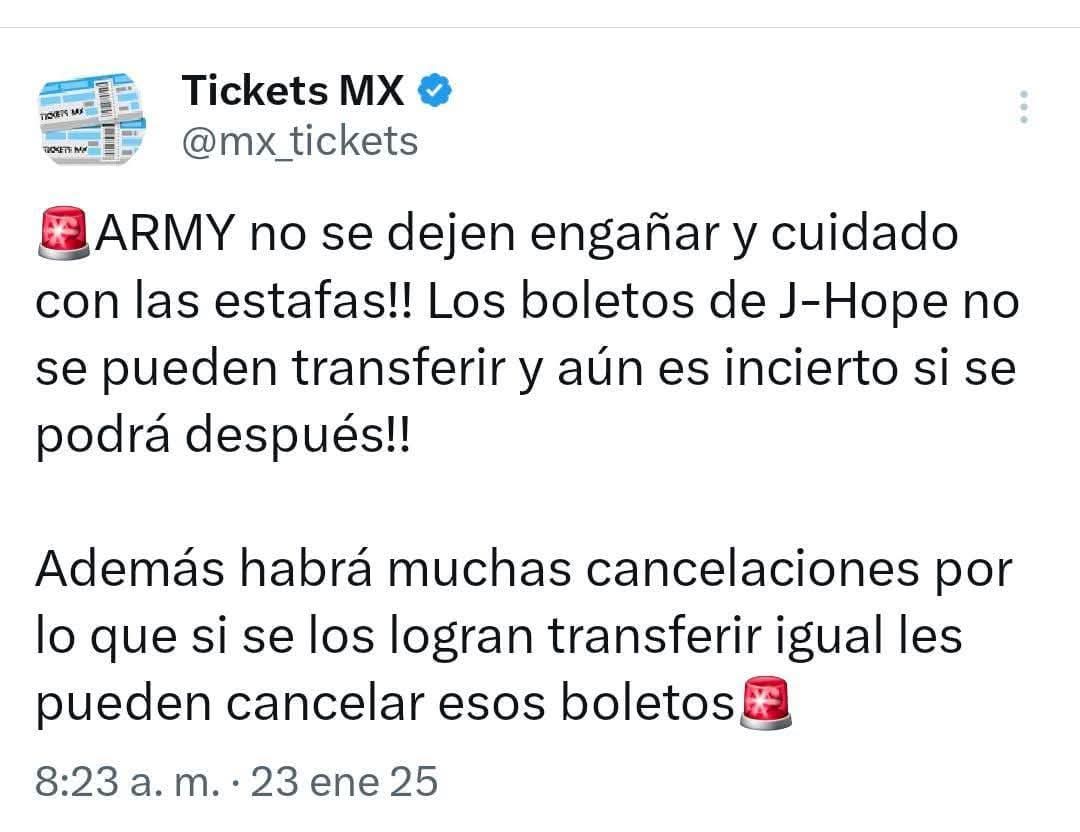 Arydav1's tweet photo. #VENDOBOLETOSJHOPE 
#VENDOBOLETOS
#BOLETOSJHOPEMX
#BOLETOSJHOPE
#JHOPEMEXICO

ARMY RECUERDA, NO COMPRES BOLETOS A REVENDEDORES, NO SE PUEDEN TRANFERIR LOS BOLETOS Y ES ESTAF4 https://t.co/wMTlPPAJvw