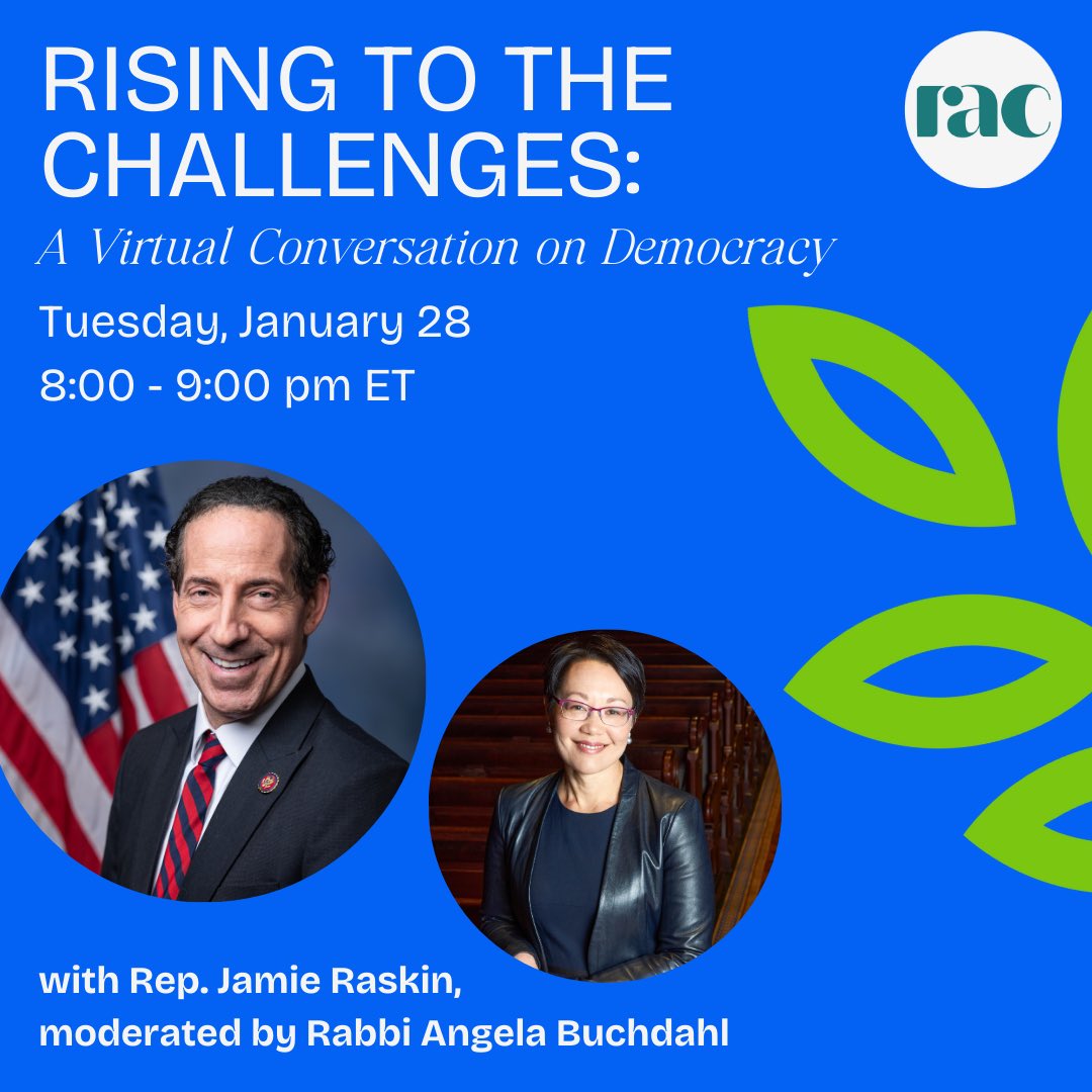 Rabbi Jonah Pesner (@jonahpesner) on Twitter photo I am thrilled to welcome <a href="/RepRaskin/">Rep. Jamie Raskin</a> and Rabbi Angela Buchdahl to a timely conversation presented by @therac. People are wrestling with how to protect justice and democracy, and our event will share actions you can take - plus firsthand wisdom and advice. urj.tfaforms.net/901?id=701UG00… I am thrilled to welcome <a href="/RepRaskin/">Rep. Jamie Raskin</a> and Rabbi Angela Buchdahl to a timely conversation presented by @therac. People are wrestling with how to protect justice and democracy, and our event will share actions you can take - plus firsthand wisdom and advice. urj.tfaforms.net/901?id=701UG00…