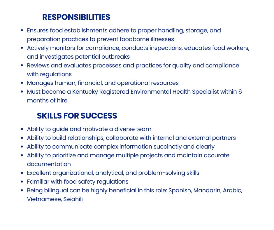 Join our team!
Environmental Health Manager - Food Safety Program
This position manages a team responsible for overseeing and enforcing food safety regulations within our community to prevent foodborne illnesses.
Interested candidates can apply at shorturl.at/GySAr
