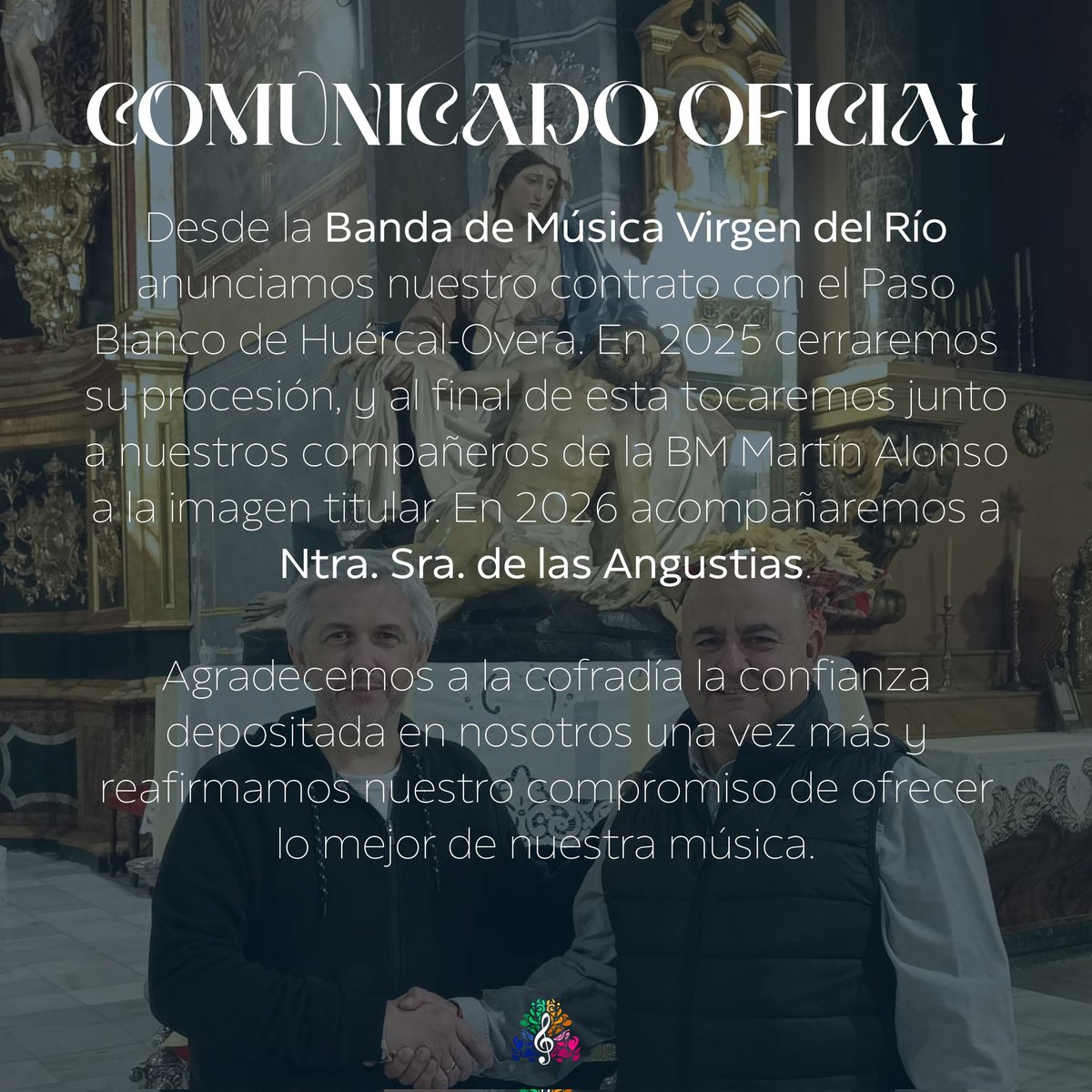 📝 𝑪𝒐𝒎𝒖𝒏𝒊𝒄𝒂𝒅𝒐 𝑶𝒇𝒊𝒄𝒊𝒂𝒍

Nos llena de orgullo anunciar la firma del contrato con el @pasoblancoho para los próximos años 2025 y 2026.

📱#BandaVirgendelRío #PasoBlanco #SemanaSanta2025 #TradiciónYFe #HuércalOvera #MúsicaQueInspira