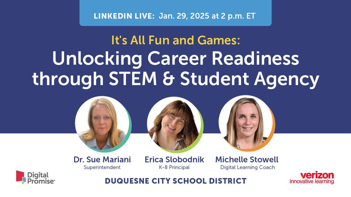You're invited! Tune in to this #VerizonInnovativeLearning Schools panel as leaders from <a href="/DukeCitySD/">Duquesne City School District</a> discuss how gaming and other innovative #STEM programs can improve college and career readiness. 

Register to join us on Jan. 29 at 2 p.m. ET: bit.ly/4045XkY

#dpvils