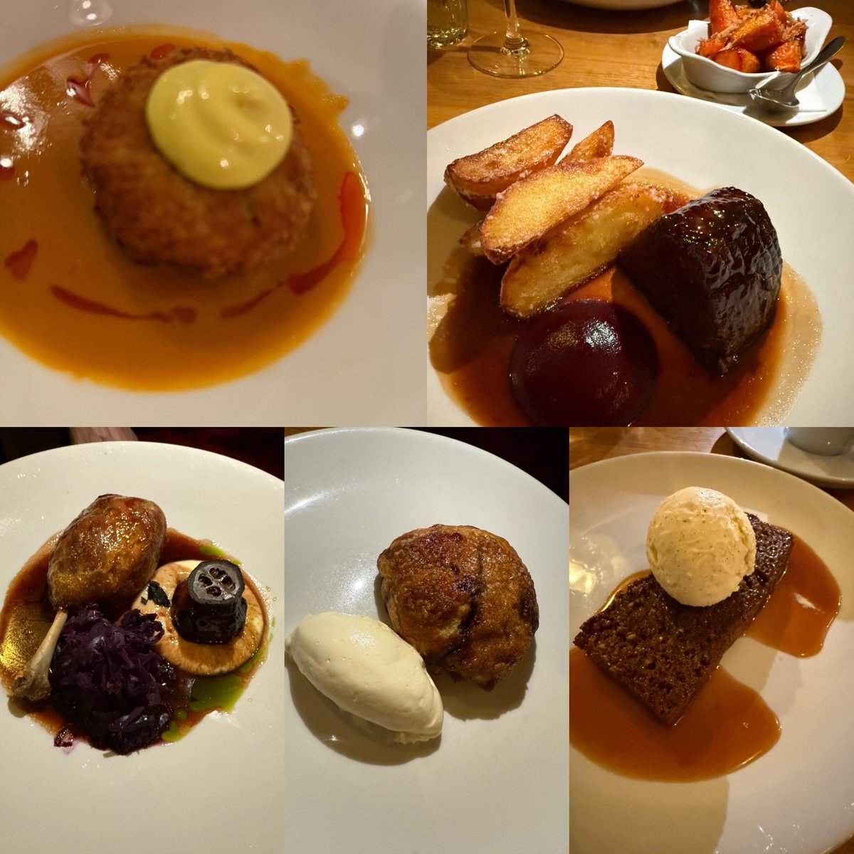 MikeAStevo's tweet photo. Great meal @StickyWalnut tonight back for #TheTraitors on @BBCiPlayer #crabcake #confitduck #featherblade #ecclescake #parkin https://t.co/knJ5JWYUQB