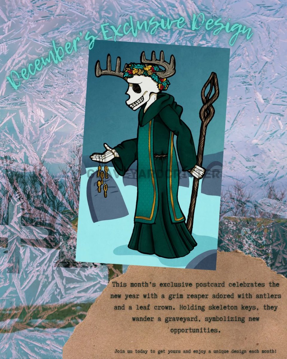 gravecritter's tweet photo. Start the year with a little folklore magic! January’s exclusive design features a crowned grim reaper, with skeleton keys to unlock new opportunities. It’s a nod to fresh beginnings and transformation.  

Subscribe on Ko-fi to snag this  postcard! 

https://t.co/mseii8xiUY https://t.co/LZWPOZHgvE