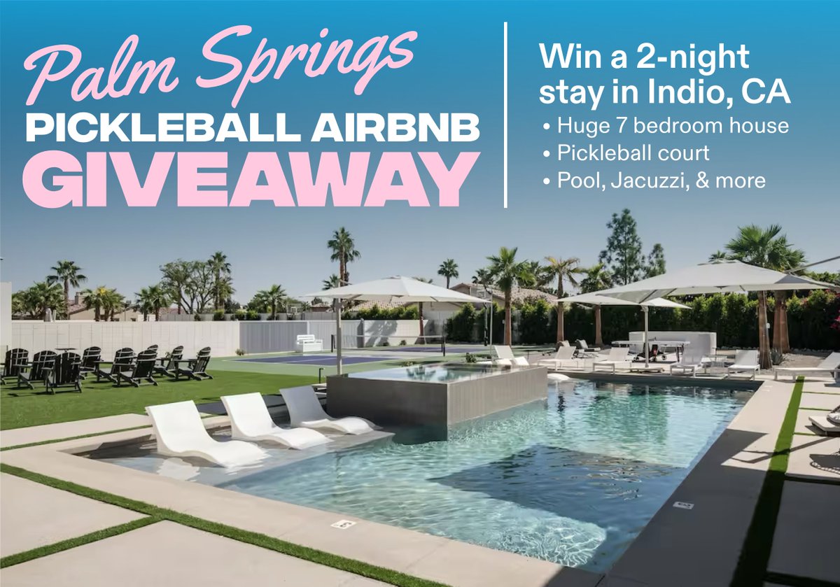 TheKitchenPB's tweet photo. GIVEAWAY —  2 NIGHT STAY AT LUXURY PALM SPRINGS PICKLEBALL AIRBNB FOR 10 PEOPLE 🌴

The Kitchen is teaming up with Elemento 49 to give away a 2 night stay for 10 people at one of the sickest Pickleball Airbnb’s in beautiful Palm Springs. ⛱️

- FOLLOW STEPS 1-4 BELOW TO ENTER -
1. LIKE this post 👍
2. FOLLOW 👊
@TheKitchenPB
3. SUBSCRIBE to our FREE newsletter (HERE: https://t.co/xj5TTuyioI) & RECEIVE up to 100 additional bonus entries 👌
4. COMMENT 'LFG!' when finished below 👇

*** You MUST complete steps 1-4 to be eligible. ***

We will choose 1 random winners on 1/26! 🚀