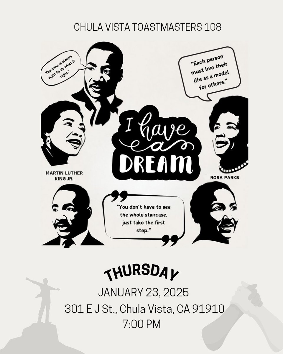 CVToastmasters's tweet photo. I Have a Dream!!

Join us tonight at 7pm! https://t.co/3pbairg7z4