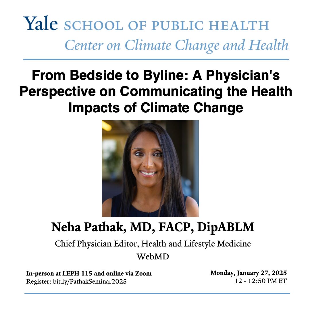 Georgia Clinicians for Climate Action (@gacca_org) on Twitter photo "From Bedside to Byline: A Physician's Perspective on Communicating the Health Impacts of Climate Change" 🌍 Join <a href="/NehaPathakMD/">Neha Pathak, MD, DipABLM</a>, GaCCA Steering Committee member, and <a href="/CCHYale/">Yale Center on Climate Change & Health</a> for this important conversation on Mon, Jan 27 at noon. Register: bit.ly/PathakSeminar2… "From Bedside to Byline: A Physician's Perspective on Communicating the Health Impacts of Climate Change" 🌍 Join <a href="/NehaPathakMD/">Neha Pathak, MD, DipABLM</a>, GaCCA Steering Committee member, and <a href="/CCHYale/">Yale Center on Climate Change & Health</a> for this important conversation on Mon, Jan 27 at noon. Register: bit.ly/PathakSeminar2…