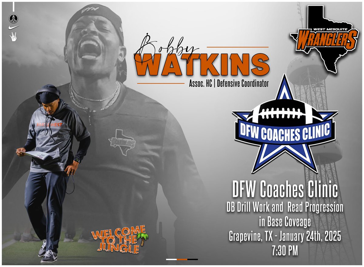 Coach Stephen Jackson Jr. (@coachsjacksonjr) on Twitter photo If you’re going to the <a href="/DFWClinic/">DFW Coaches Clinic</a> this weekend, be sure to check out our DC <a href="/Bobby_QUE7/">Bobby Watkins III</a> talk DB play! He’s coached multiple All-Americans and does it at a high level! Friday night at 7:30 PM!
#JungleWest🌴 If you’re going to the <a href="/DFWClinic/">DFW Coaches Clinic</a> this weekend, be sure to check out our DC <a href="/Bobby_QUE7/">Bobby Watkins III</a> talk DB play! He’s coached multiple All-Americans and does it at a high level! Friday night at 7:30 PM!
#JungleWest🌴