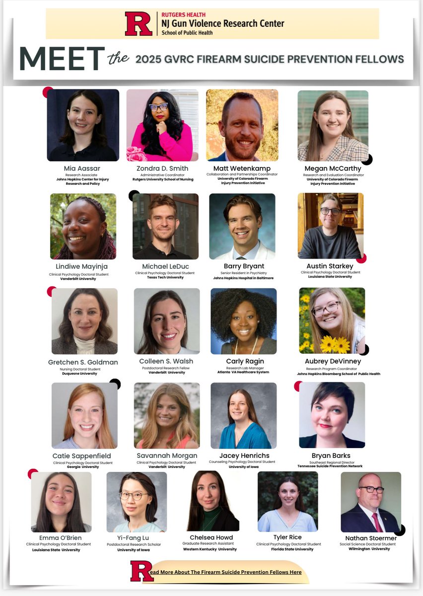 Mike Anestis, PhD (@psychbrownbag) on Twitter photo So excited to announce the 2025 <a href="/NJGVRC/">NJ Gun Violence Research Center at Rutgers SPH</a> Firearm Suicide Prevention Fellows! This amazing group of young scholars comes from so many fields + from all over the US. We have a day of presentations, panels, mentoring, and networking planned. <a href="/AllieBond12/">Allie Bond</a>
lp.constantcontactpages.com/cu/ZNQxCCV/FY2… So excited to announce the 2025 <a href="/NJGVRC/">NJ Gun Violence Research Center at Rutgers SPH</a> Firearm Suicide Prevention Fellows! This amazing group of young scholars comes from so many fields + from all over the US. We have a day of presentations, panels, mentoring, and networking planned. <a href="/AllieBond12/">Allie Bond</a>
lp.constantcontactpages.com/cu/ZNQxCCV/FY2…