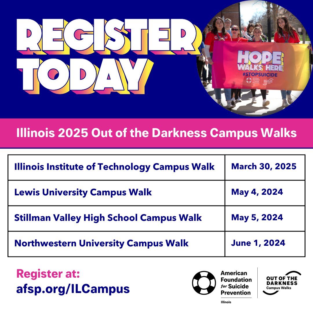 HOPE WALKS HERE

Sign up for one of the OOTD Campus Walks in Illinois at afsp.org/ILCampus

#AFSPIL
#HOPE
#StopSuicide