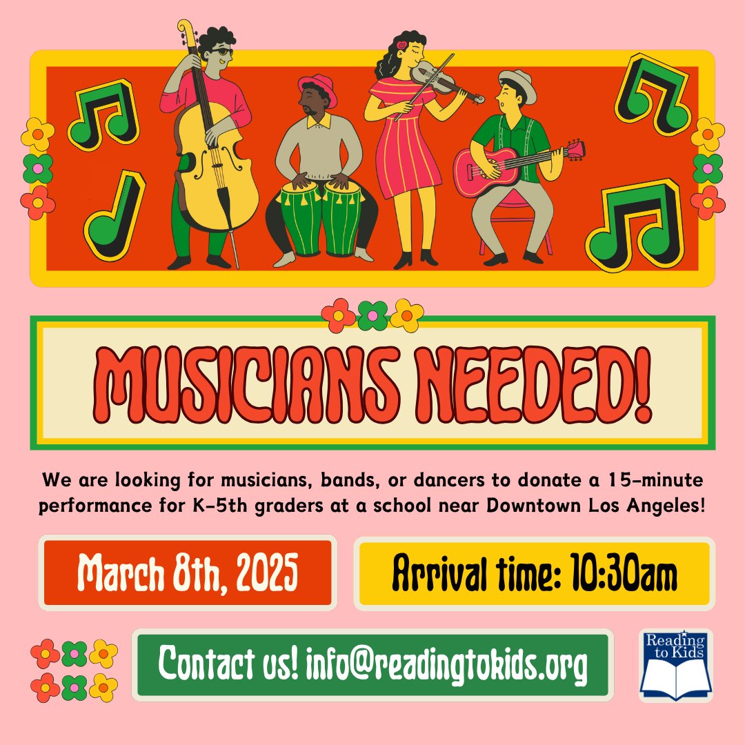 readingtokids's tweet photo. We still need 4 performers for our "Music &amp; Entertainment" reading clubs on March 8th! 🎶

Share your talent with awesome kids and bring our music-themed books to life! If you're interested, please email info@readingtokids.org today 🎤💃🎸

#MusiciansWanted #LosAngeles https://t.co/YKzrFLgoaj