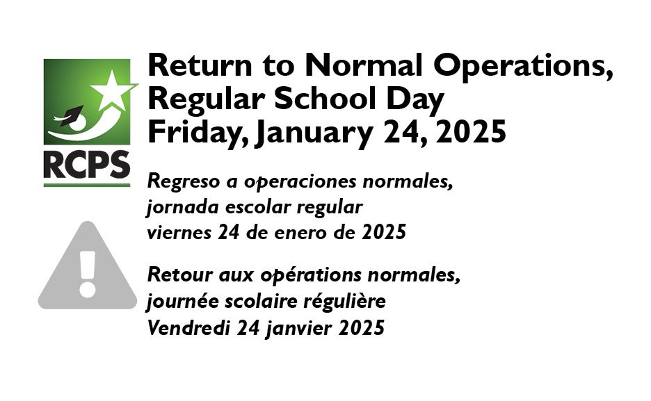 RockdaleSchools's tweet image. RCPS will return to normal operations and a regular school day Friday, January 24, 2025. Thank you RCPS Operations Team, which has been working hard to clear and apply ice melting materials to remaining icy spots in school driveways, walkways, parking lots.