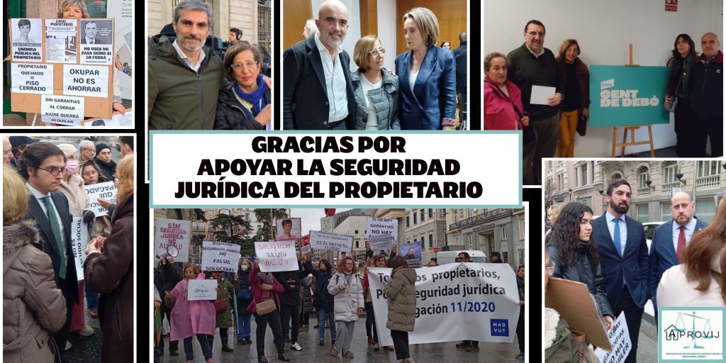 Nos han apoyado:
- Ciudadanos aleatorios
- Propietarios afectados con okupas o inquiokupas
- Propietarios no afectados
- También inquilinos 
- Y algunos grupos políticos (ya sabéis quienes no)

Gran parte de la sociedad considera que el propietario necesita seguridad jurídica.