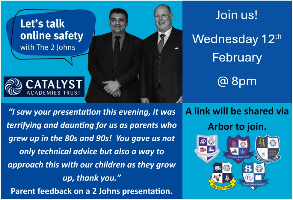 Join us for our online safety talk with <a href="/JohnsThe2/">The2Johns</a> on Wednesday 12th February at 8pm

Information, with the meeting link has been sent via Arbor. <a href="/TrustCatalyst/">Catalyst Academies Trust</a>
