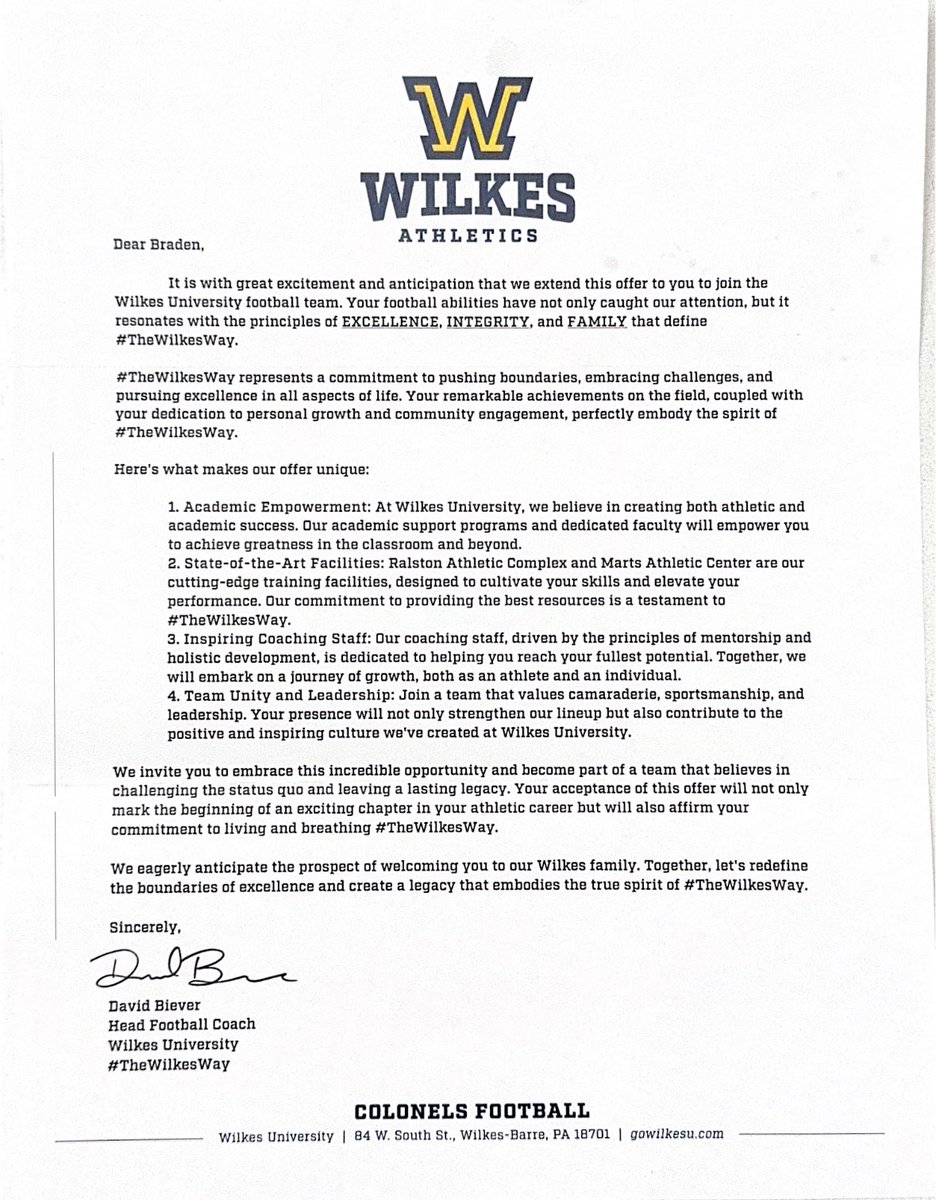I’m excited to say I have earned a roster spot to play football at Wilkes.