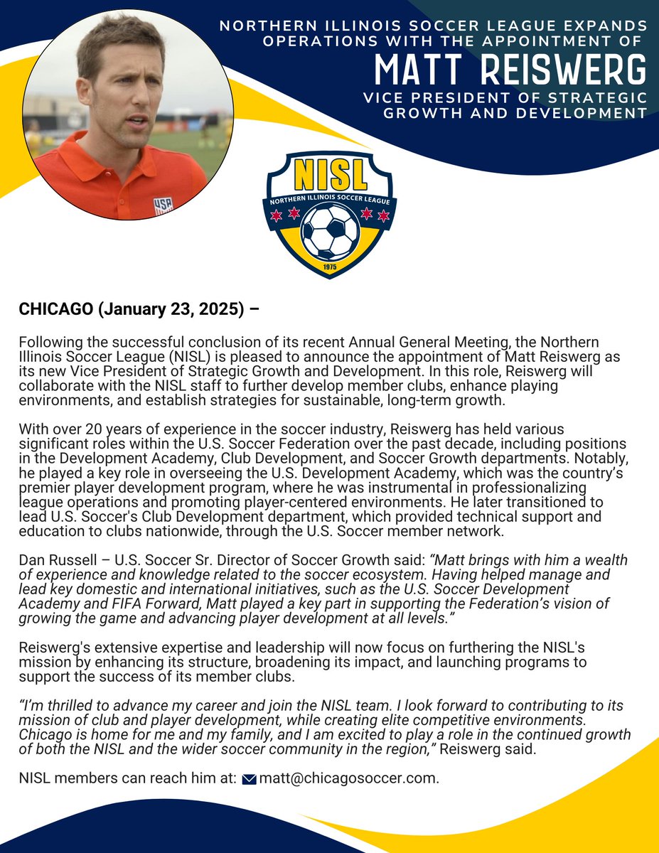 NISL Appoints Matt Reiswerg as VP of Strategic Growth and Development!!